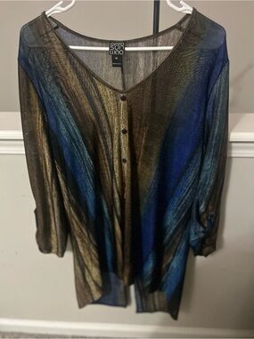 CLARA SUNWOO Blue and Gold Sheer Metallic Button-Front Top